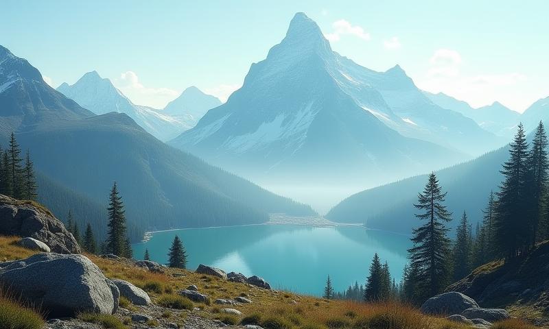 Mountain landscape with navigation tools overlay