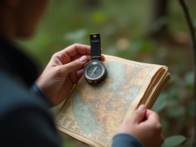 Close-up of a guide using a compass and map